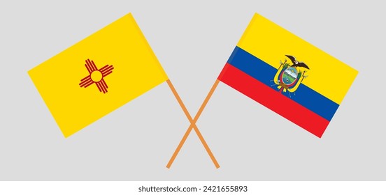 Gekreuzte Flaggen des Staates New Mexiko und Ecuador. Offizielle Farben. Richtiger Anteil. Vektorgrafik
