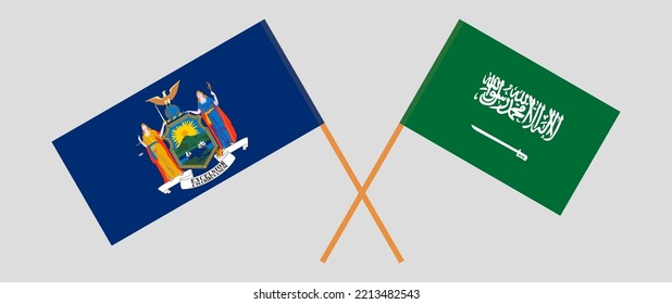Crossed flags of The State of New York and Saudi Arabia. Official colors. Correct proportion. Vector illustration
