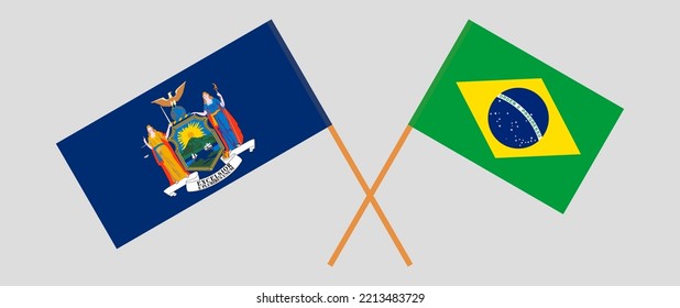 Crossed flags of The State of New York and Brazil. Official colors. Correct proportion. Vector illustration
