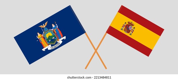 Crossed flags of The State of New York and Spain. Official colors. Correct proportion. Vector illustration
