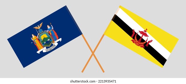 Crossed flags of The State of New York and Brunei. Official colors. Correct proportion. Vector illustration
