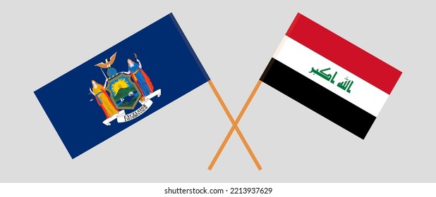 Crossed flags of The State of New York and Iraq. Official colors. Correct proportion. Vector illustration
