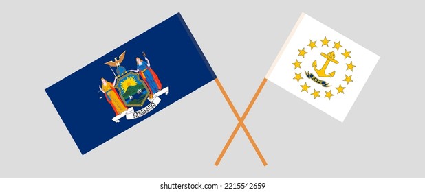 Crossed flags of The State of New York and the State of Rhode Island. Official colors. Correct proportion. Vector illustration
