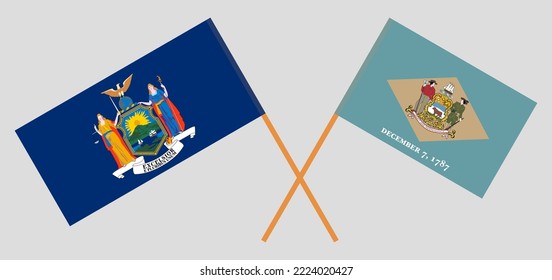 Crossed flags of The State of New York and The State of Delaware. Official colors. Correct proportion. Vector illustration
