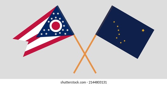 Crossed flags of the State of Ohio and the State of Alaska. Official colors. Correct proportion. Vector illustration
