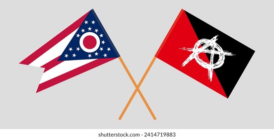 Crossed flags of the State of Ohio and anarchy. Official colors. Correct proportion. Vector illustration
