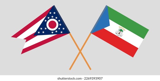 Gekreuzte Flaggen des Staates Ohio und Äquatorialguinea. Offizielle Farben. Richtiger Anteil. Vektorgrafik
