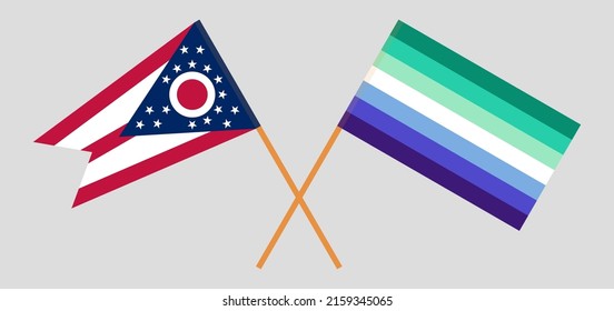Crossed flags of the State of Ohio and gay men pride. Official colors. Correct proportion. Vector illustration

