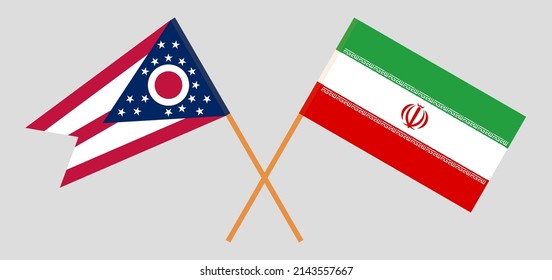 Crossed flags of the State of Ohio and Iran. Official colors. Correct proportion. Vector illustration
