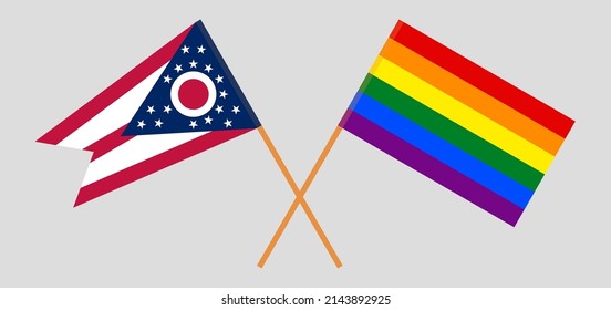 Crossed flags of the State of Ohio and LGBTQ. Official colors. Correct proportion. Vector illustration
