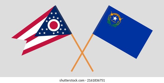 Crossed flags of the State of Ohio and The State of Nevada. Official colors. Correct proportion. Vector illustration
