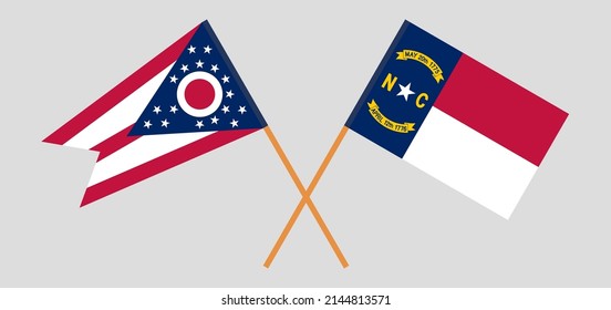 Crossed flags of the State of Ohio and The State of North Carolina. Official colors. Correct proportion. Vector illustration
