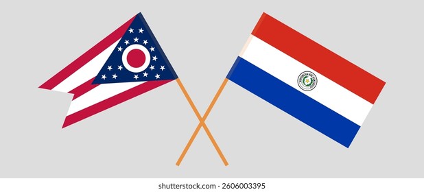 Crossed flags of the State of Ohio and Republic of Paraguay. Official colors. Correct proportion. Vector illustration.
