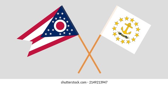 Crossed flags of the State of Ohio and the State of Rhode Island. Official colors. Correct proportion. Vector illustration
