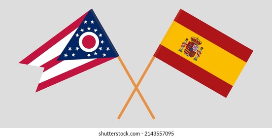 Crossed flags of the State of Ohio and Spain. Official colors. Correct proportion. Vector illustration
