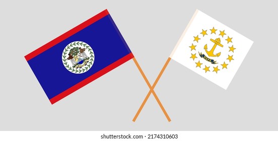 Banderas cruzadas del estado de Rhode Island y Belice. Colores oficiales. Proporción correcta. Ilustración del vector