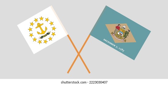 Crossed flags of the State of Rhode Island and The State of Delaware. Official colors. Correct proportion. Vector illustration
