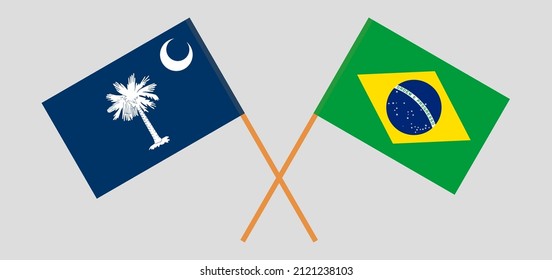 Crossed flags of The State of South Carolina and Brazil. Official colors. Correct proportion. Vector illustration
