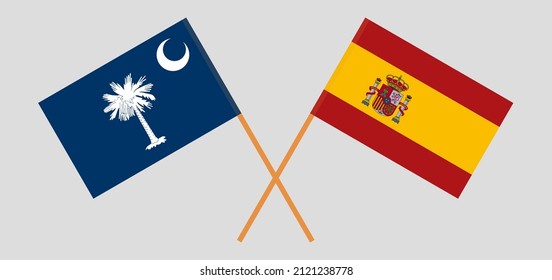 Crossed flags of The State of South Carolina and Spain. Official colors. Correct proportion. Vector illustration
