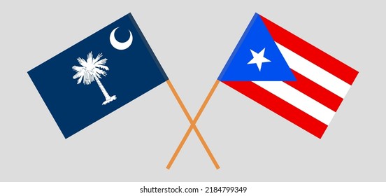 Crossed flags of The State of South Carolina and Puerto Rico. Official colors. Correct proportion. Vector illustration

