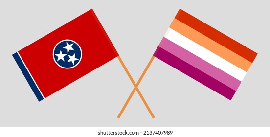 Crossed flags of The State of Tennessee and Lesbian Pride. Official colors. Correct proportion. Vector illustration
