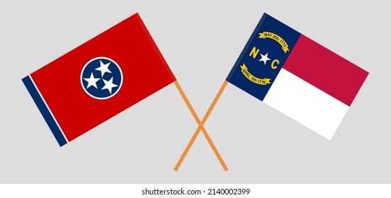 Crossed flags of The State of Tennessee and The State of North Carolina. Official colors. Correct proportion. Vector illustration
