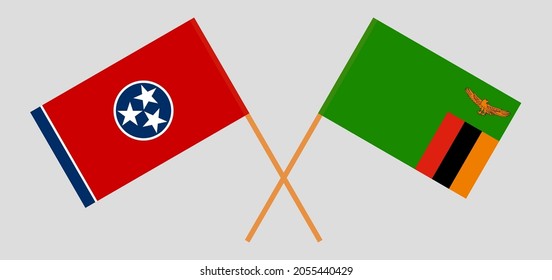 Banderas cruzadas del Estado de Tennessee y la República de Zambia. Colores oficiales. Proporción correcta