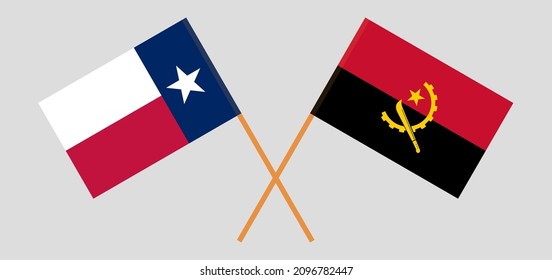 Crossed flags of the State of Texas and Angola. Official colors. Correct proportion. Vector illustration
