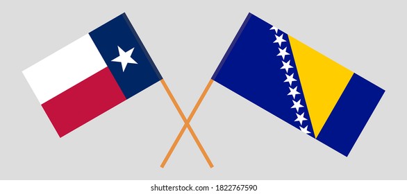 Crossed flags of the State of Texas and Bosnia and Herzegovina. Official colors. Correct proportion. Vector illustration
