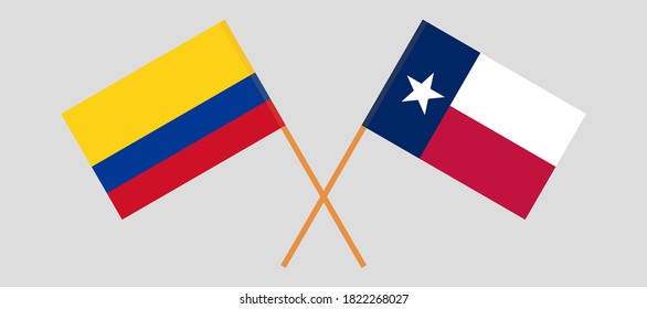 Banderas cruzadas del Estado de Texas y Colombia. Colores oficiales. Proporción correcta. Ilustración del vector
