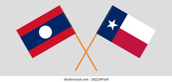 Crossed flags of the State of Texas and Laos. Official colors. Correct proportion. Vector illustration
