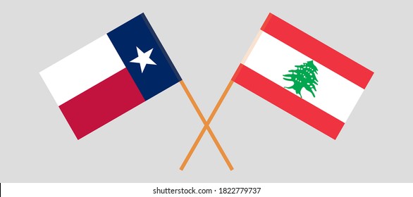 Crossed flags of the State of Texas and Lebanon. Official colors. Correct proportion. Vector illustration
