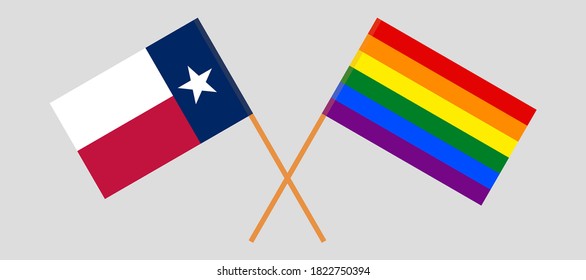 Crossed flags of the State of Texas and LGBTQ. Official colors. Correct proportion. Vector illustration