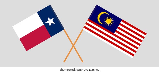 Banderas cruzadas del Estado de Texas y Malasia. Colores oficiales. Proporción correcta