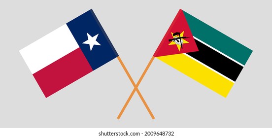 Banderas cruzadas del Estado de Texas y Mozambique. Colores oficiales. Proporción correcta