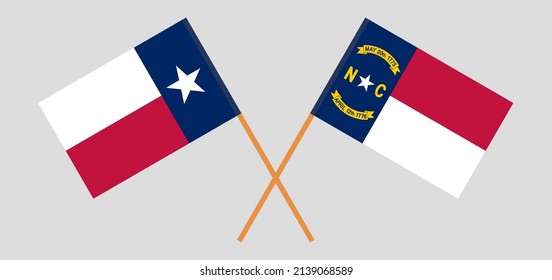 Crossed flags of the State of Texas and The State of North Carolina. Official colors. Correct proportion. Vector illustration
