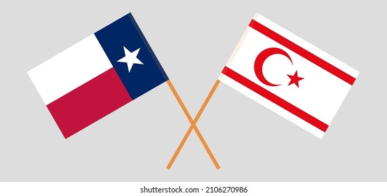 Gekreuzte Flaggen des Staates Texas und Nordzypern. Offizielle Farben. Richtiger Anteil. Vektorgrafik
