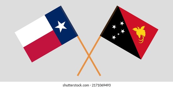 Crossed flags of the State of Texas and Papua New Guinea. Official colors. Correct proportion. Vector illustration
