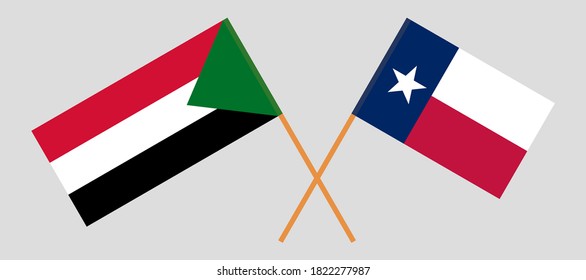 Crossed flags of the State of Texas and Sudan. Official colors. Correct proportion. Vector illustration
