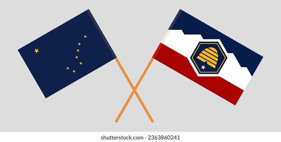 Crossed flags of The State of Utah and the State of Alaska. Official colors. Correct proportion. Vector illustration
