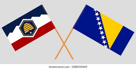 Crossed flags of The State of Utah and Bosnia and Herzegovina. Official colors. Correct proportion. Vector illustration
