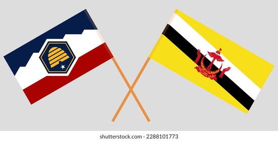 Crossed flags of The State of Utah and Brunei. Official colors. Correct proportion. Vector illustration
