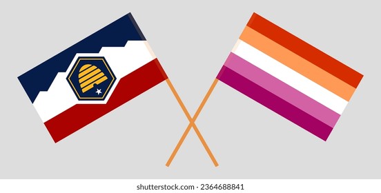 Crossed flags of The State of Utah and Lesbian Pride. Official colors. Correct proportion. Vector illustration
