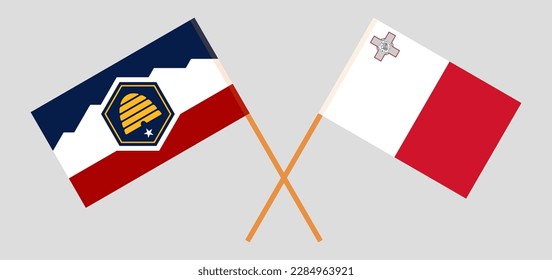 Gekreuzte Flaggen des Staates Utah und Malta. Offizielle Farben. Richtiger Anteil. Vektorgrafik