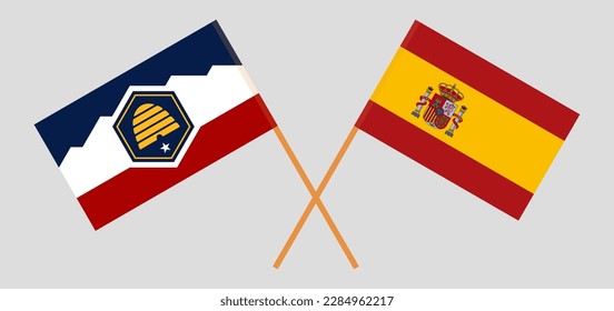 Crossed flags of The State of Utah and Spain. Official colors. Correct proportion. Vector illustration