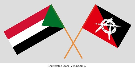 Crossed flags of the Sudan and anarchy. Official colors. Correct proportion. Vector illustration
