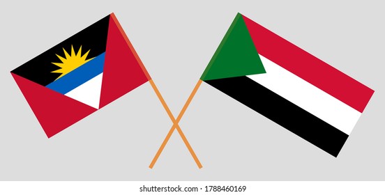 Crossed flags of Sudan and Antigua and Barbuda. Official colors. Correct proportion. Vector illustration

