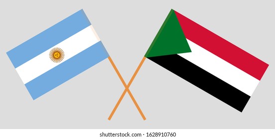 Crossed flags of Sudan and Argentina. Official colors. Correct proportion. Vector illustration
