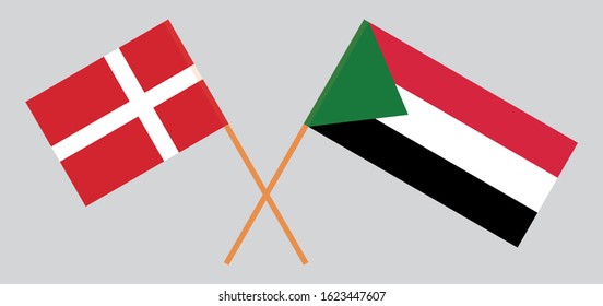 Crossed flags of Sudan and Denmark. Official colors. Correct proportion. Vector illustration
