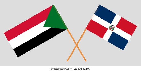 Crossed flags of the Sudan and Dominican Republic. Official colors. Correct proportion. Vector illustration
